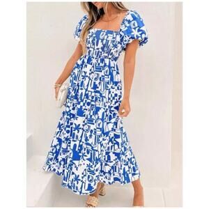 Show Me Your Mumu Afternoon Tea Blue White Santorini Midi Dress Puff Sleeves